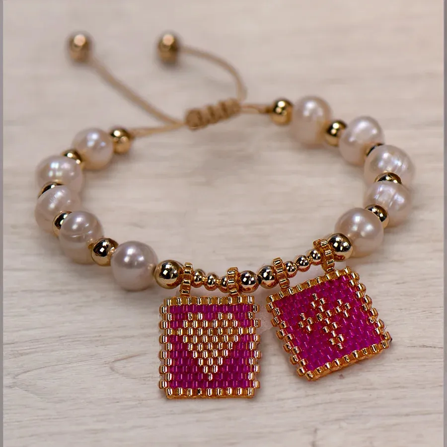 Woven Pearl Cross Heart Bracelet Beaded