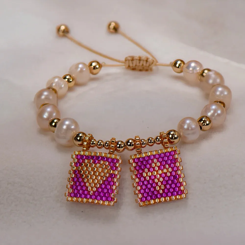 Woven Pearl Cross Heart Bracelet Beaded