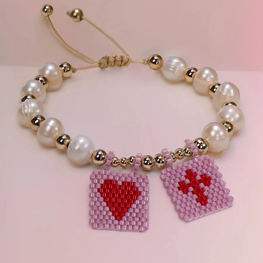 Woven Pearl Cross Heart Bracelet Beaded