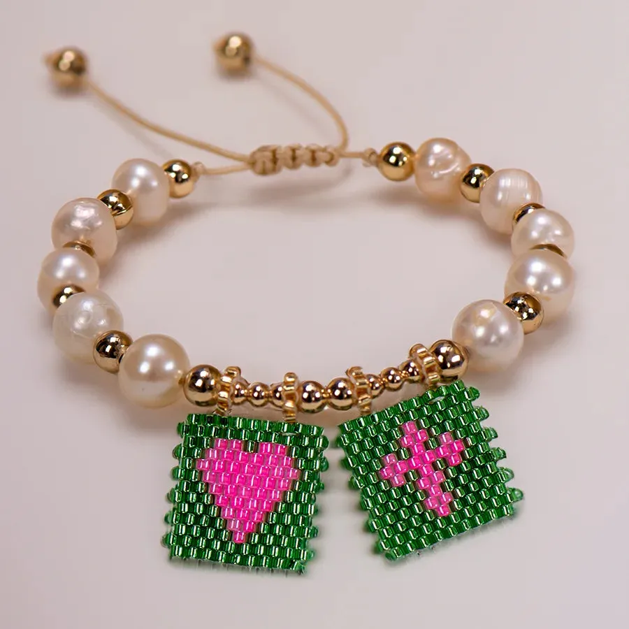 Woven Pearl Cross Heart Bracelet Beaded