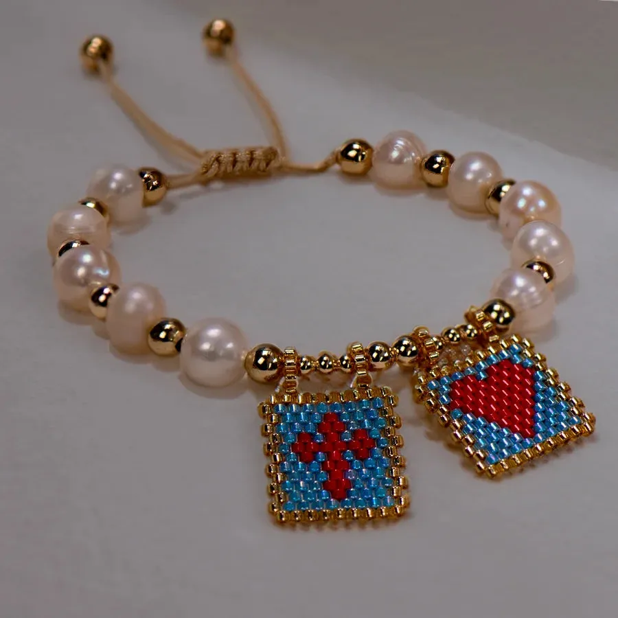 Woven Pearl Cross Heart Bracelet Beaded