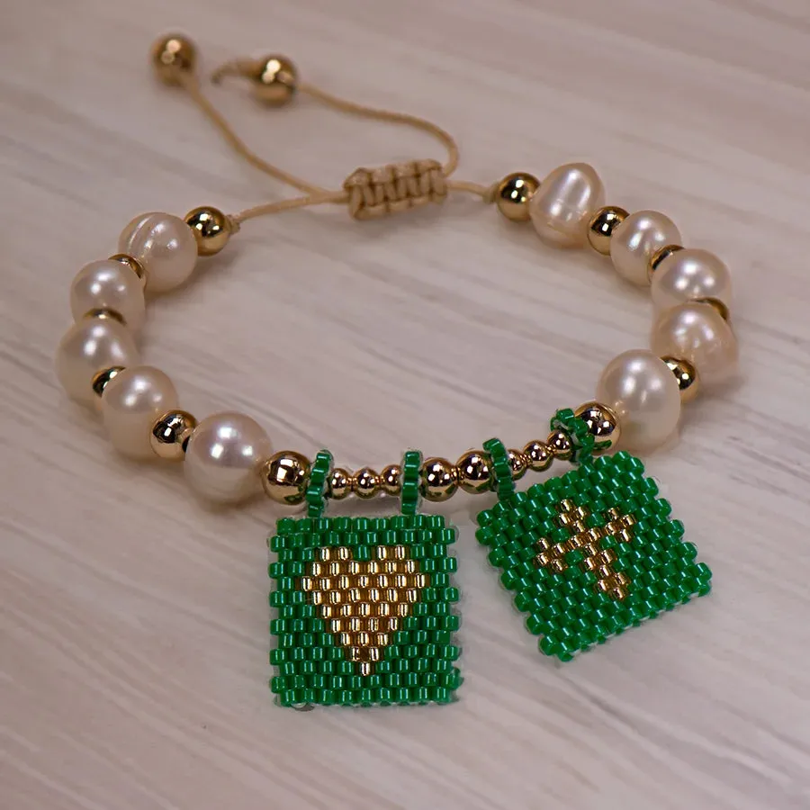 Woven Pearl Cross Heart Bracelet Beaded