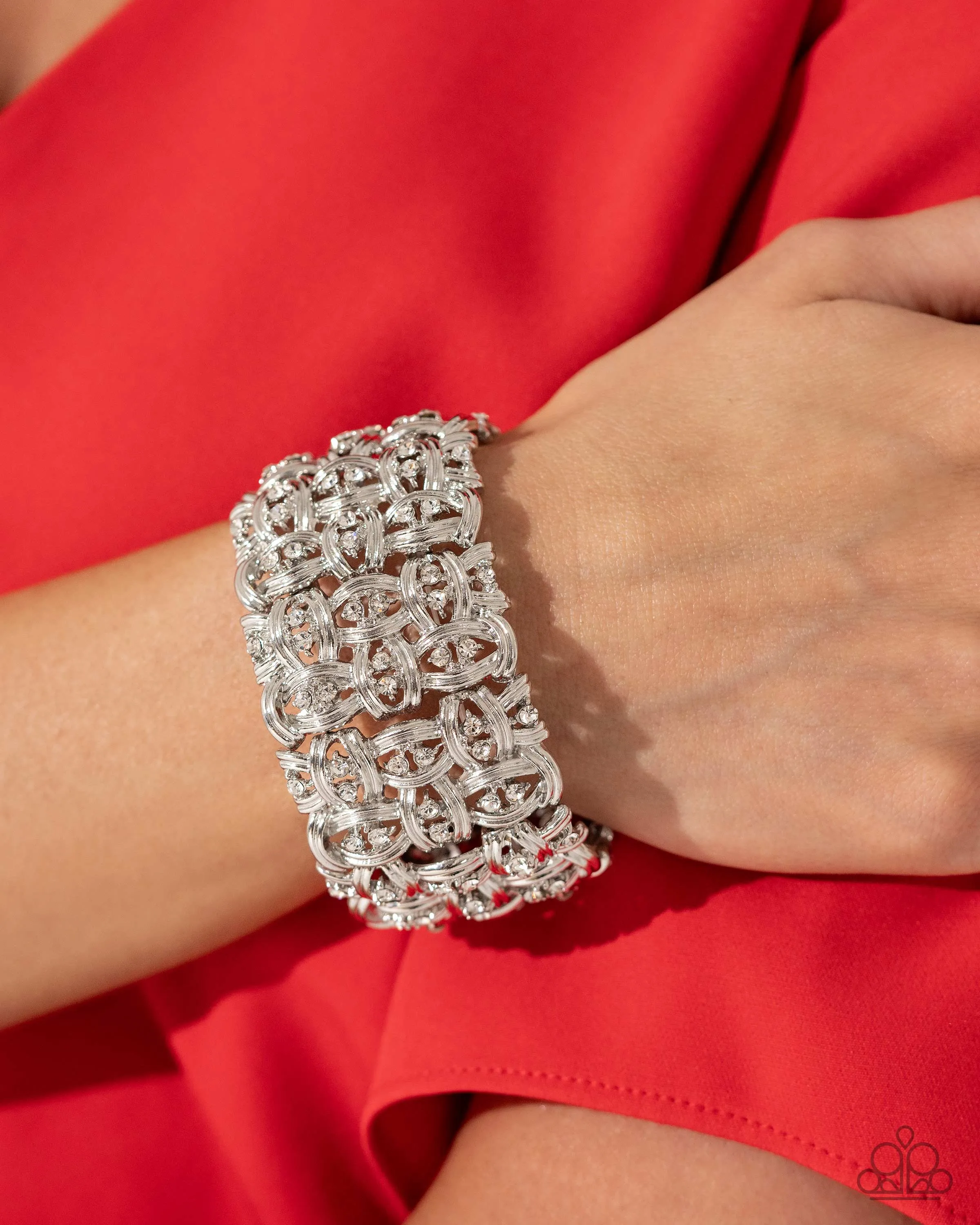 Woven Wardrobe - White - Rhinestone and Silver Stud Paparazzi Stretchy Bracelet - September 2024 Life of the Party Exclusive