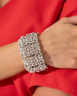 Woven Wardrobe - White - Rhinestone and Silver Stud Paparazzi Stretchy Bracelet - September 2024 Life of the Party Exclusive