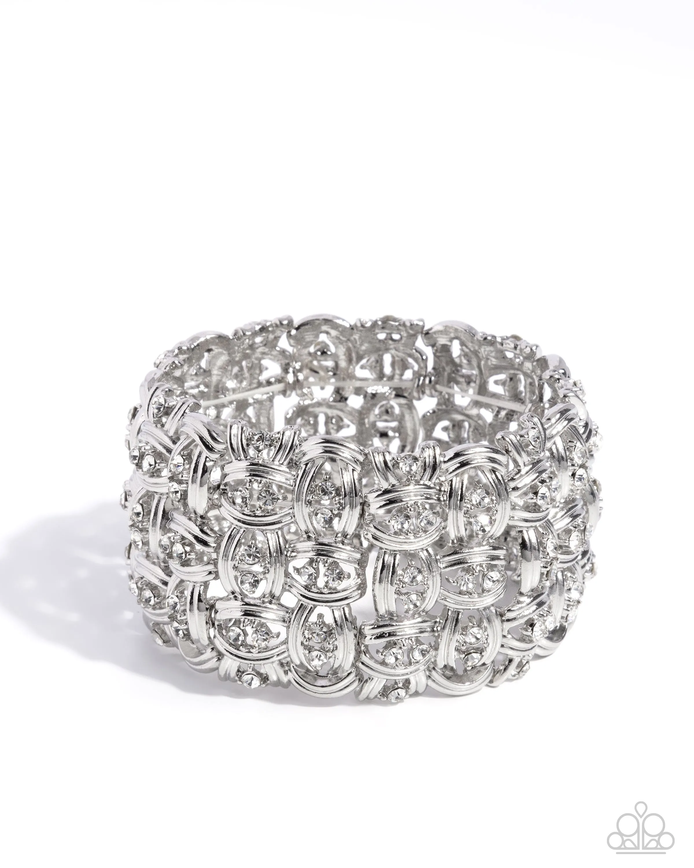Woven Wardrobe - White - Rhinestone and Silver Stud Paparazzi Stretchy Bracelet - September 2024 Life of the Party Exclusive