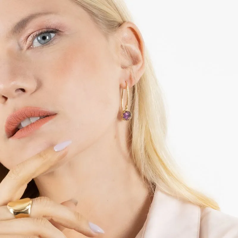 Yellow Gold Plated Earrings Inlaid with Amethyst