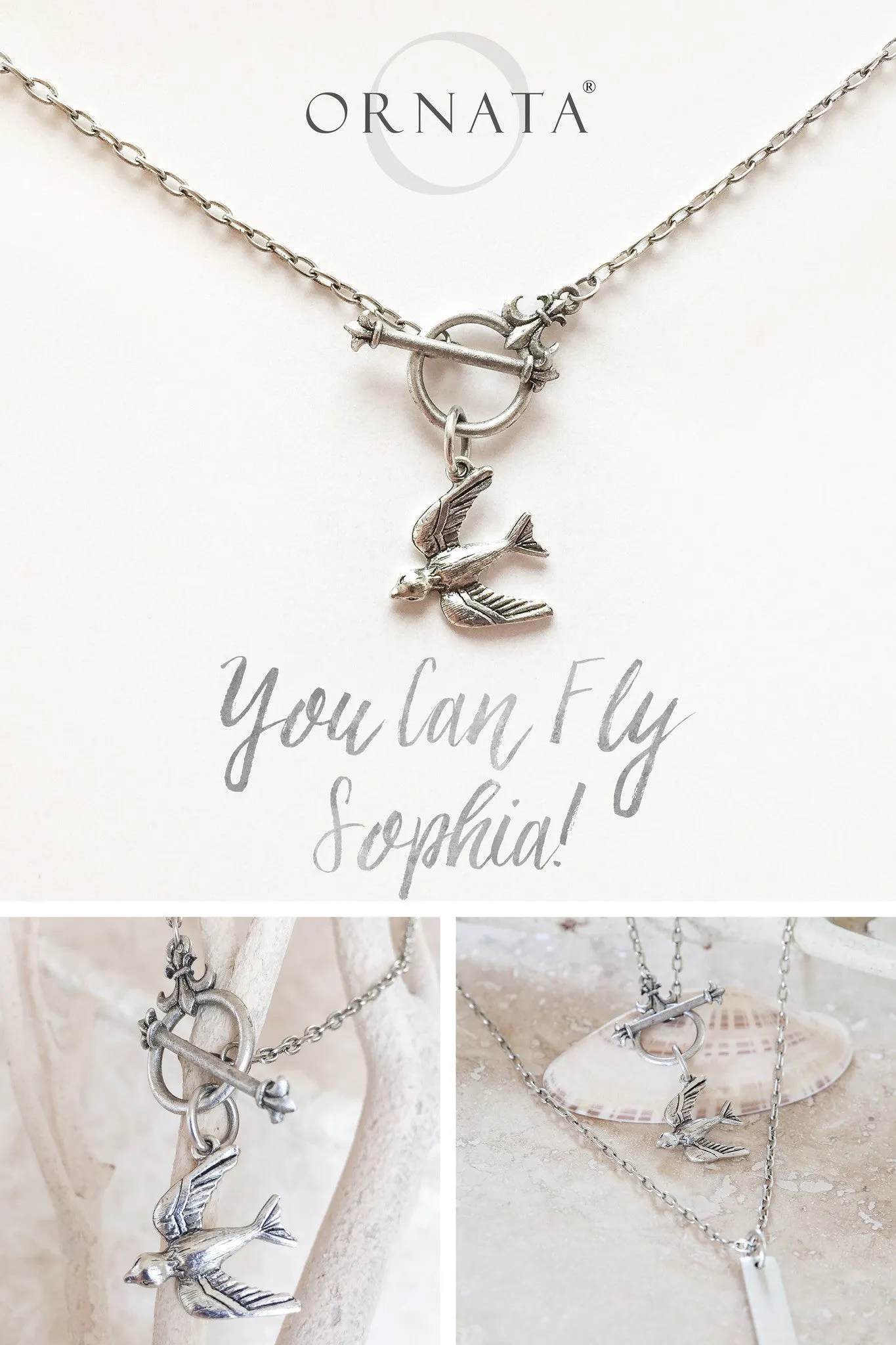 “You Can Fly” Swallow Necklace w/ Fleur-de-Lis Toggle