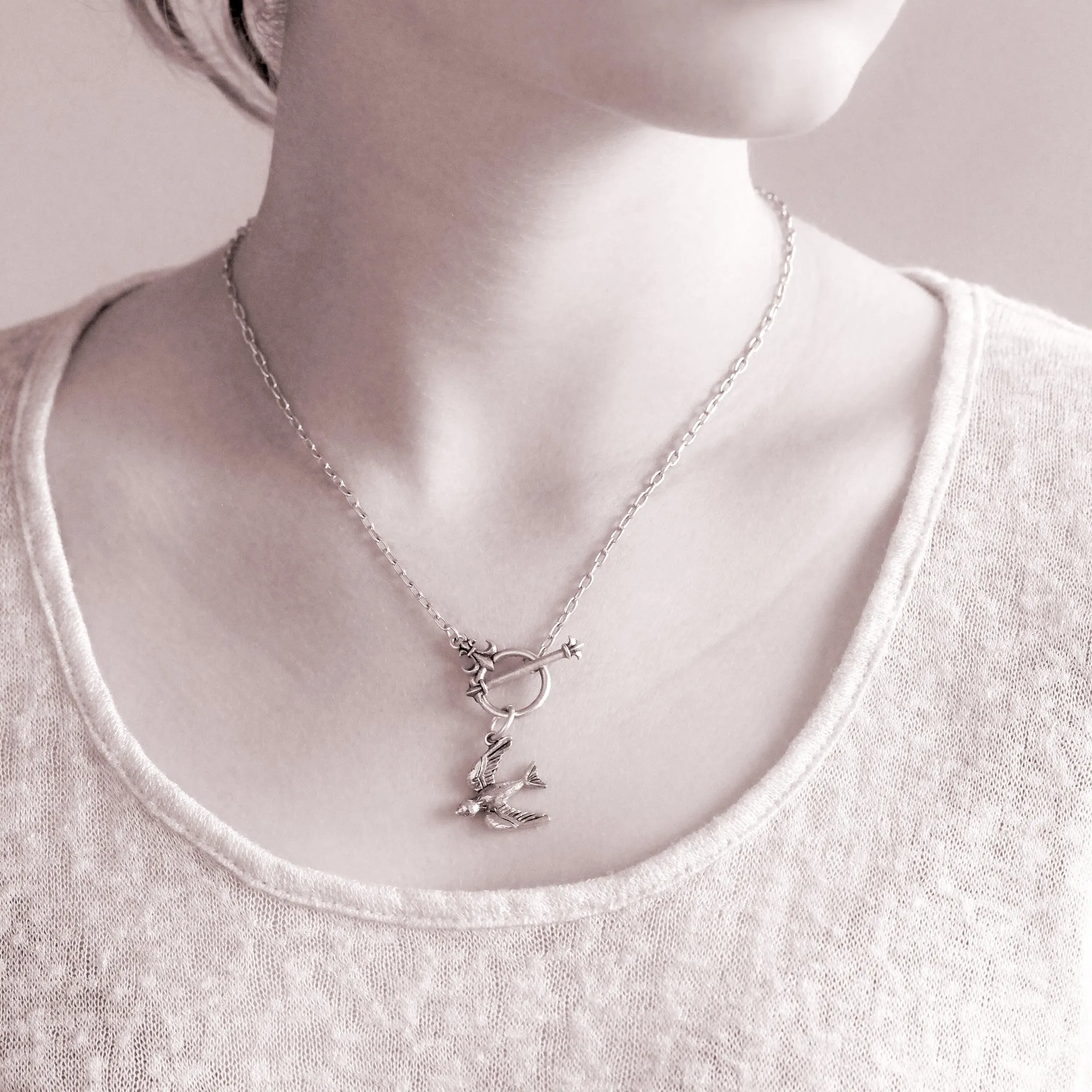 “You Can Fly” Swallow Necklace w/ Fleur-de-Lis Toggle