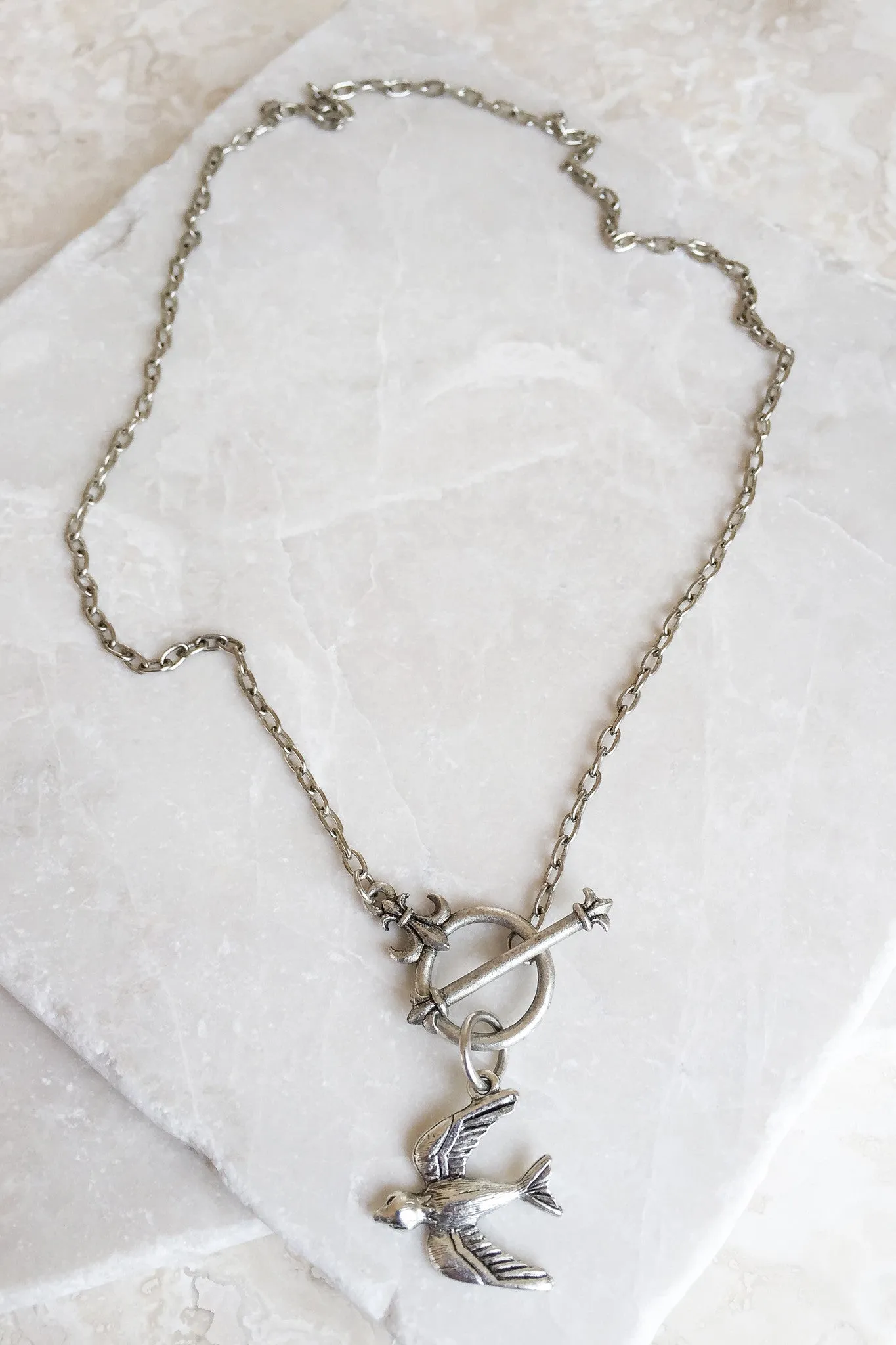 “You Can Fly” Swallow Necklace w/ Fleur-de-Lis Toggle